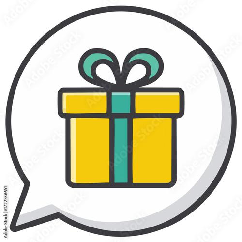 A bright yellow gift box with a teal ribbon and bow inside a speech bubble represents a message of generosity and giving.