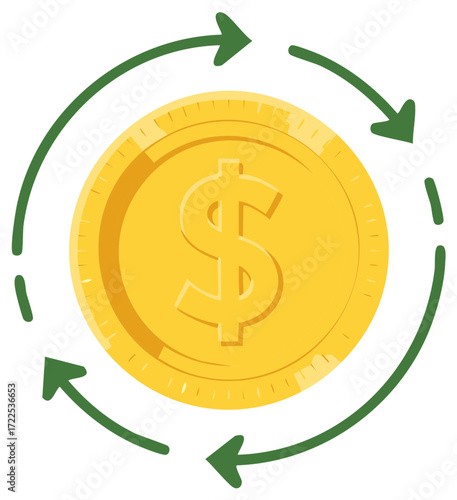 Golden dollar coin with circular arrows representing financial cycle and currency exchange