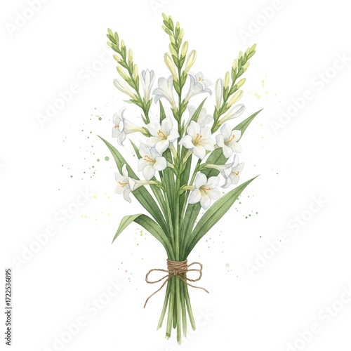 Tuberose Bouquet Watercolor Illustration Isolated on White Background