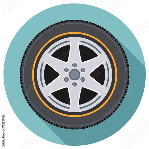 Modern car wheel with alloy rim and black tire and yellow accent detail illustration