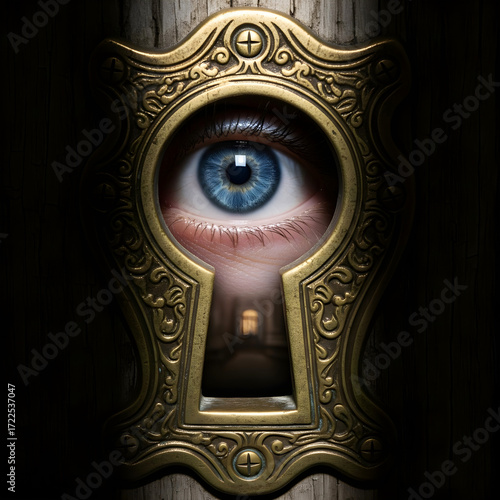 Wallpaper Mural Curiosity by Peeking Through a Keyhole is visible to the eye. Secret Observation Through an Antique Keyhole Torontodigital.ca