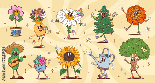 Cartoon groovy plant and flower characters set with hippie vibe and vintage fun mood. Vector dancing funny pots and floral personages with happy faces and funky outfit on yellow psychedelic background