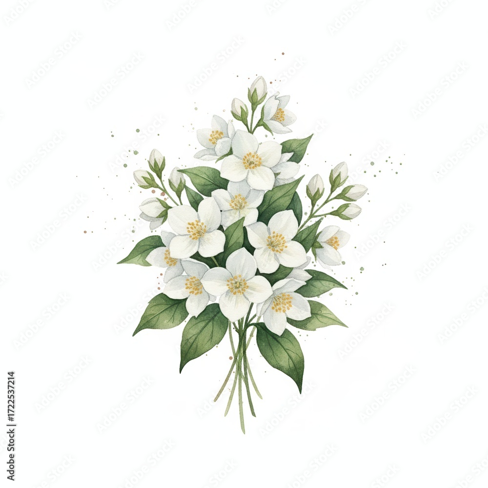 Fototapeta premium Jasmine Bouquet Watercolor Illustration Isolated on White Background