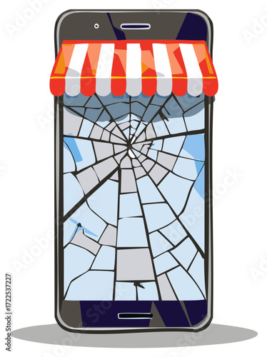 Cracked Smartphone Screen with Store Awning Above Broken Display