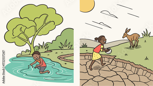 Vector Split Illustration of Kids Drinking Fresh Water vs Drought Land Showing Importance of Water Awareness