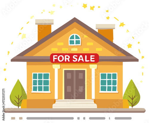 House for Sale Illustration with Yard Stars and Chimneys for Property Investment Opportunities