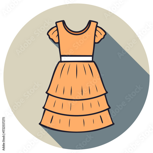 Illustration of a stylized orange dress, in a circle, with a shadow, minimalist design