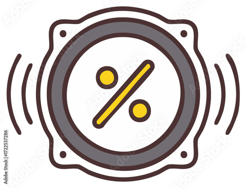Flat design speaker icon with percentage symbol and sound waves representing music sale or discount