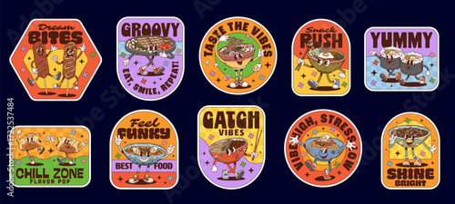 Korean cuisine groovy label stickers and hippie asian food characters patches. Korean cuisine rice and noodle soup bowls vector groovy stickers. Cartoon bbq beef bulgogi, kimbap rolls and corn dog set