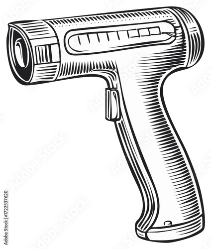 Handheld infrared thermometer gun illustration in a retro engraving style