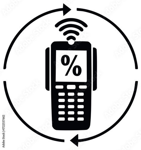 Wireless payment terminal with percentage sign on screen and circulation arrows