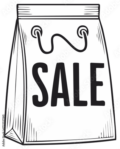 Hand drawn graphic illustration of a shopping bag with the word SALE printed on it