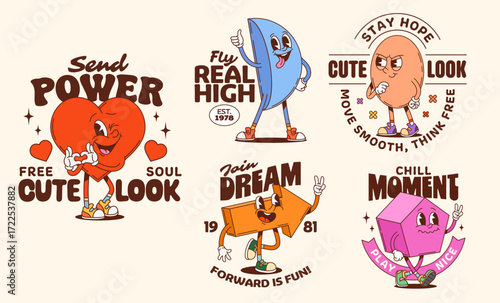 Math shape groovy characters stickers or t shirt prints. Vector playful cartoon figures with expressive faces and quirky slogans. Retro hippie y2k geometric figures promote joy, positive emotions