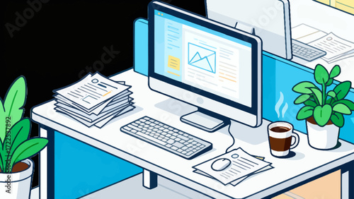 Indoor business office scene, vector hand-drawn illustrations