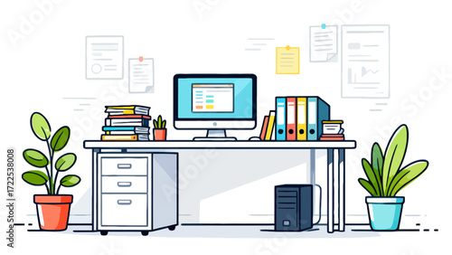 Indoor business office scene, vector hand-drawn illustrations