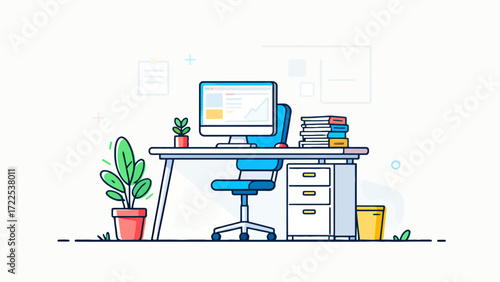 Indoor business office scene, vector hand-drawn illustrations