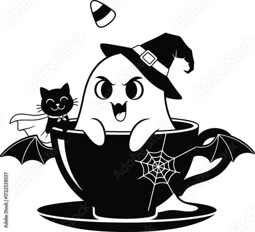 Cute witch ghost in teacup silhouette with black cat and spider, Halloween print-ready vector