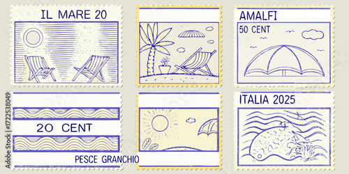 Collection of six hand drawn blue ink stamps depicting seaside vacation scenes and motifs