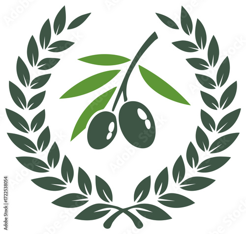 Olive branch with ripe olives centered in a classic laurel wreath symbolizing victory and peace