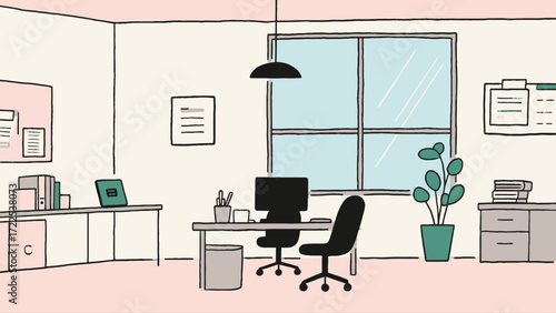 Indoor business office scene, vector hand-drawn illustrations