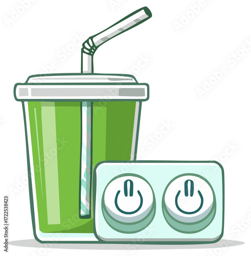 Refreshing Green Drink Cup with Power On Off Buttons Concept Illustration