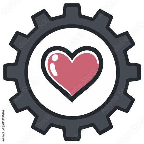 Mechanical Heart Concept: Heart Symbol Within Gear Wheel, Teamwork and Tech Love