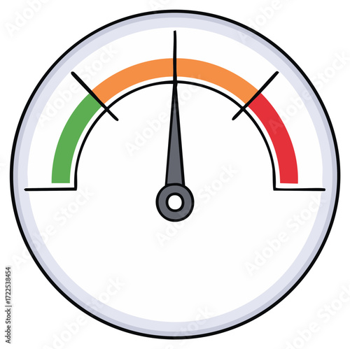 Circular gauge dial with needle indicating a range from green to red for measurement and feedback