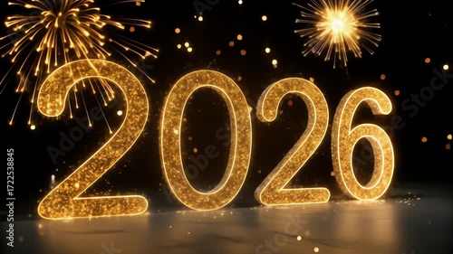 Golden 2026 numbers with sparkling fireworks and bokeh lights on a dark background