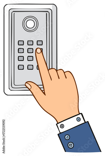 Hand touching a button on a keypad access control system security concept