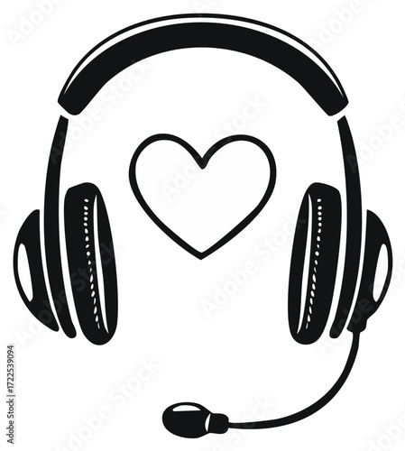 Headset with microphone and heart icon for love of music gaming or customer service