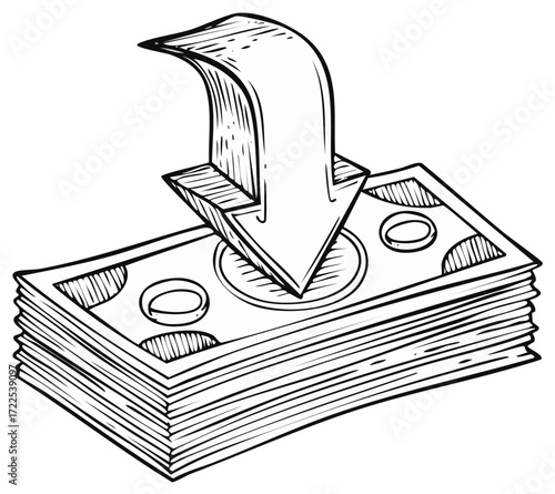 Hand drawn illustration of cash depreciation with a down arrow on a stack of bills