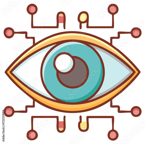 Futuristic Eye Technology Illustration Connected Security System Network Cartoon Style