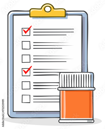 Clipboard with checklist and pill bottle cartoon illustration