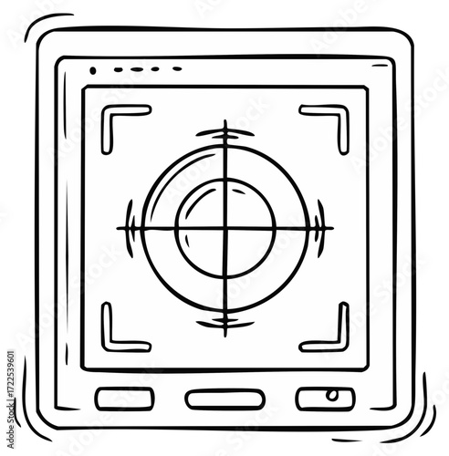 Hand drawn cartoon illustration of a camera viewfinder with target crosshairs