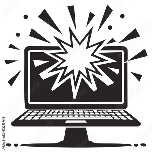 Broken laptop screen with a starburst indicating computer crash and system error