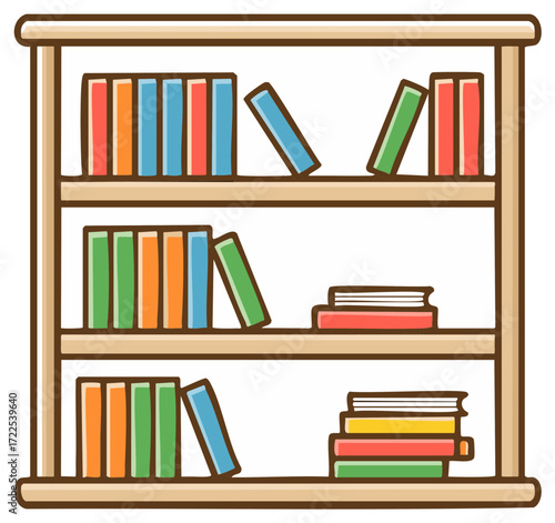 Simple cartoon vector illustration of a wooden bookshelf filled with various colorful books on three shelves.