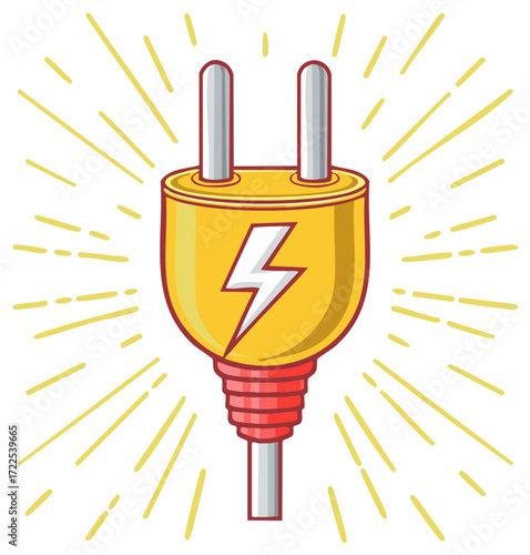 Bright Yellow Electrical Plug With Lightning Bolt Symbol Radiating Energy
