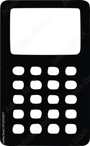Simple black and white icon of a calculator displaying a blank screen for math and business