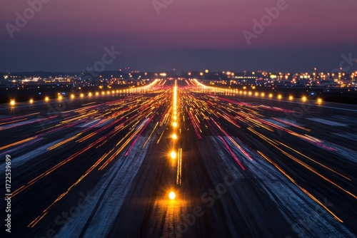 Night shot of an airport runway with many lights and colorful light trails. It is perfect for illustrating travel, technology, or modern urban life.