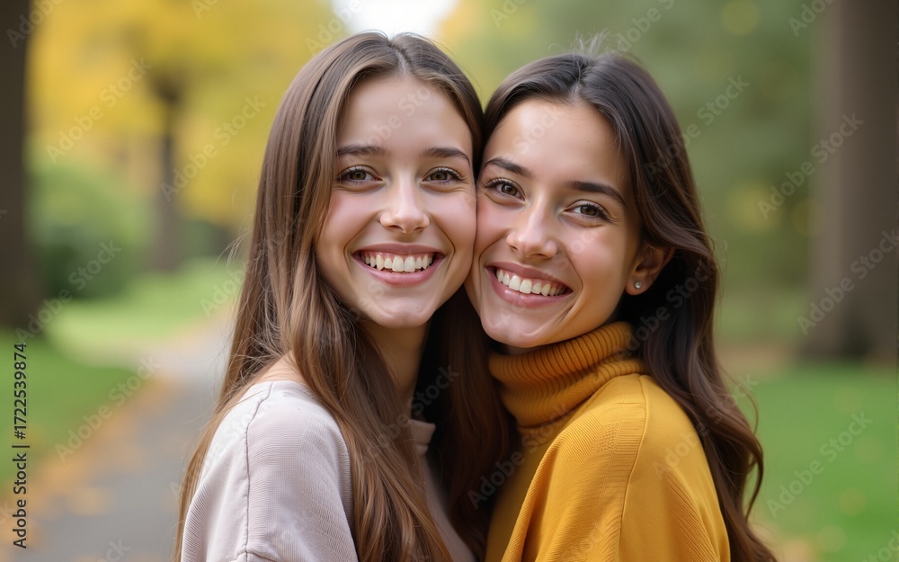 Obraz premium Closeup portrait of two female friends in park, smiling and looking at camera. Hugging and smiling. High quality