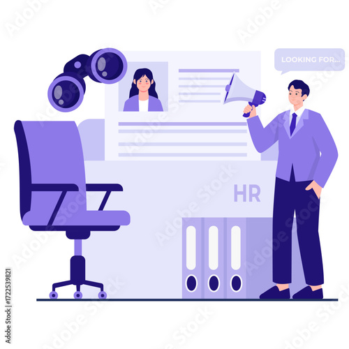 Recruiter with megaphone announcing job openings