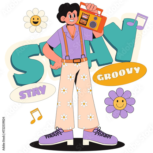 Retro cartoon character with boombox and groovy elements