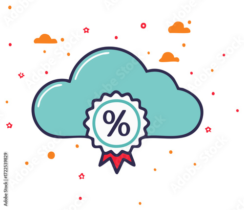 Cloud emblem with percentage sign and decorative elements in a bright style