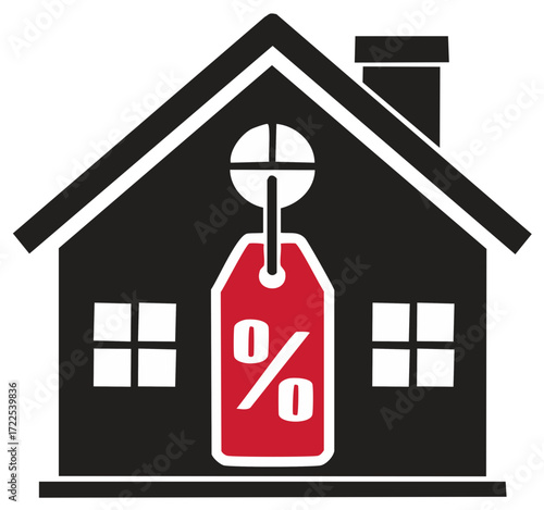 Black house silhouette with a red percentage tag hanging in the window symbolizes property sale or mortgage deals