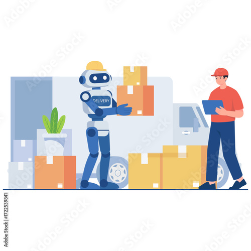 Robot and delivery person with boxes near truck