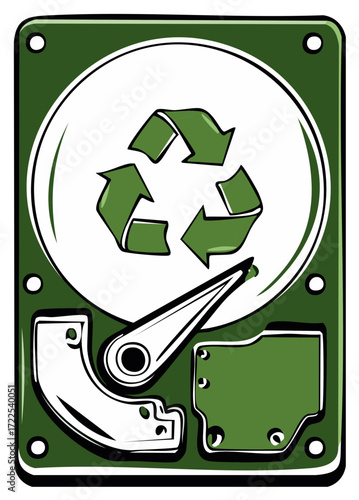 Hard drive with green recycling symbol symbolizing data reuse and environmental protection