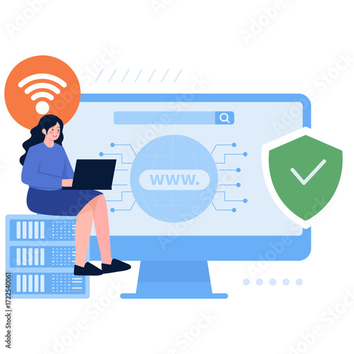 Person with laptop near computer monitor server racks and wifi symbol