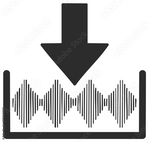 Sound wave icon with arrow downloading. Audio signal download concept. Digital audio file symbol.
