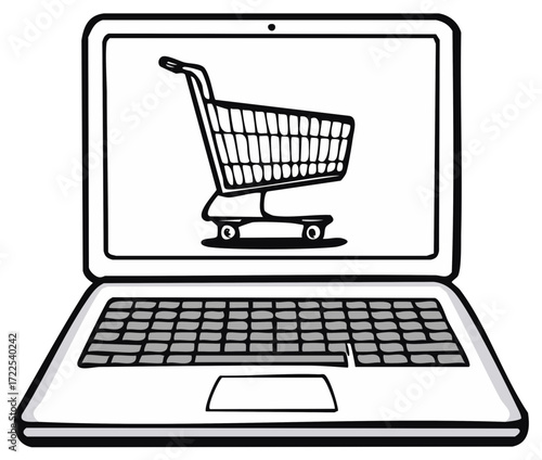 Digital shopping cart on a laptop screen symbolizing online commerce and internet retail business