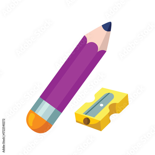 Purple pencil and yellow pencil sharpener on white background